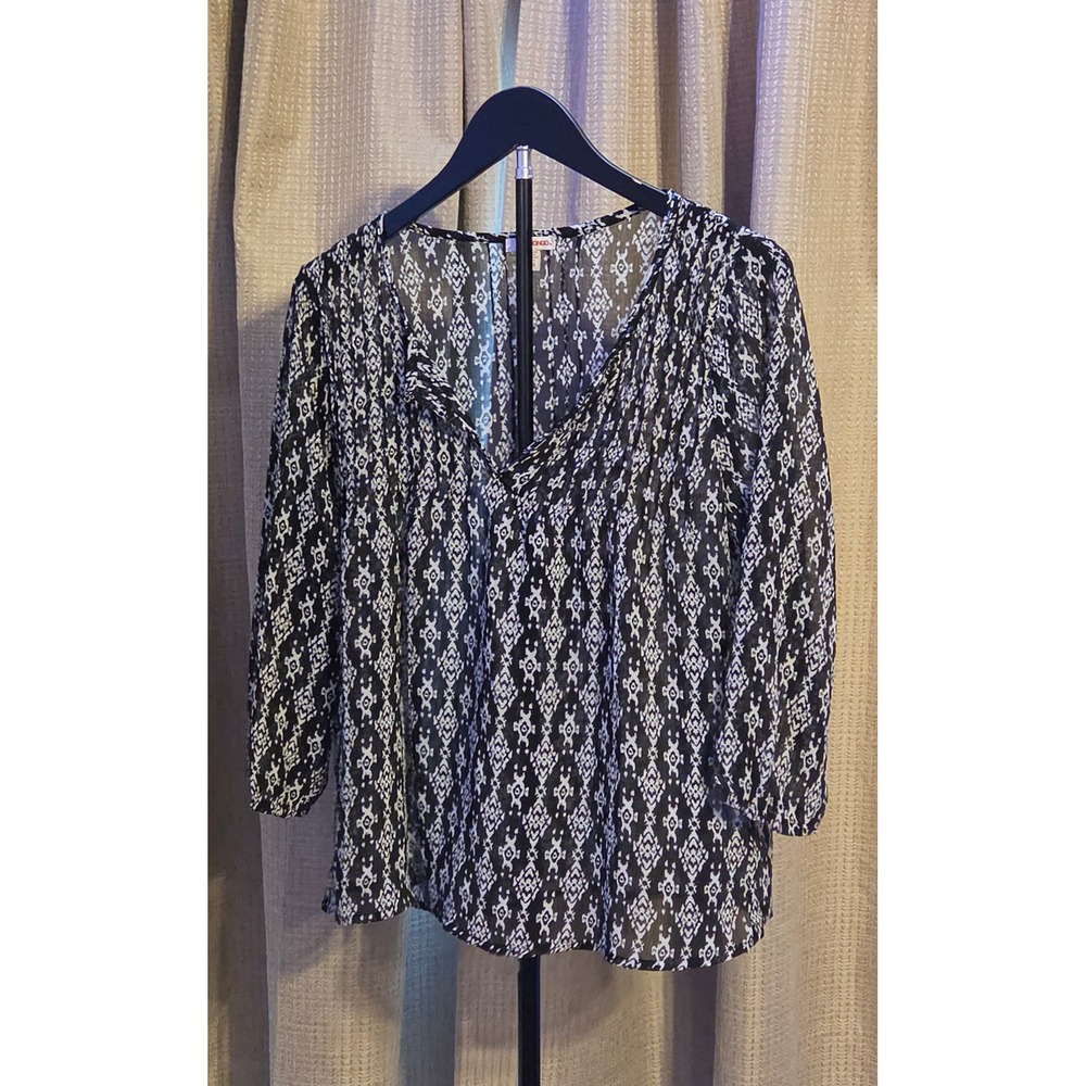 Bongo‎ Pleated V-Neck Geometric Pattern Sheer Blouse Women's Size Large